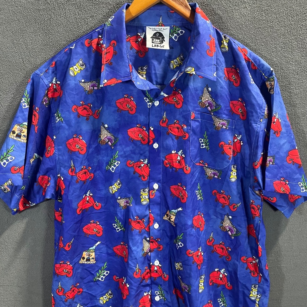 Cat Warehouse William Osman Crabs & Crack Graphic Button Down Shirt Blue Large